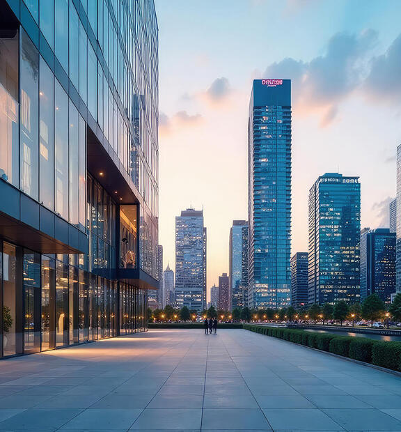 Exterior view of a modern glass and steel office building set against a city skyline.