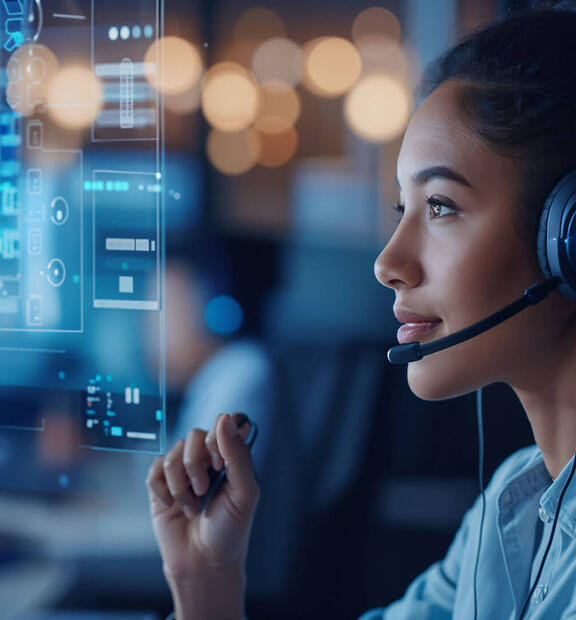 Woman working at helpdesk looking at virtual screens