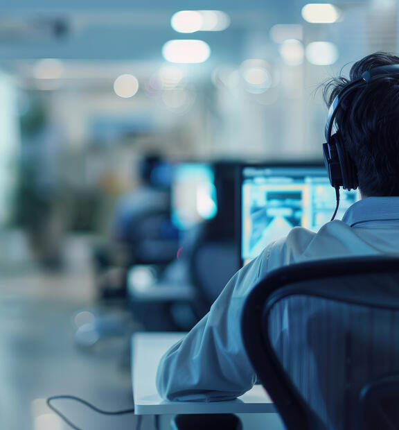 Rear view of a man wearing a headset, working at a call center and speaking with a customer.