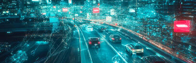 View of a dense urban cityscape with heavy traffic. The scene is overlaid with abstract lines, nodes, and futuristic graphics representing data, connectivity, and drive testing technology