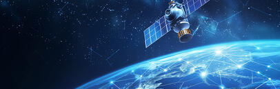 Satellite in space orbiting a glowing blue globe, representing Non-Terrestrial Networks (NTNs) for wireless communication.
