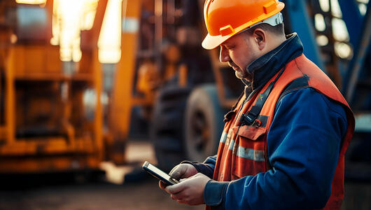 Male engineer at an oil rig checking mobile coverage at private 5G network