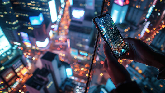 Person taking a photo of a cityscape at night from a high vantage point, with glowing city lights and buildings visible below