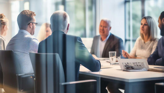 A group of business partners engaged in a meeting inside a modern conference room