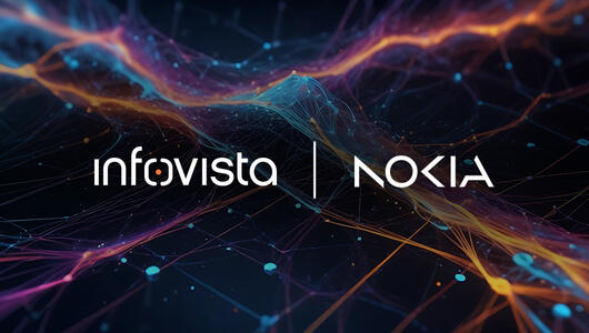 Infovista and Nokia logos overlaid on abstract digital tech background, representing the integration of AI, computer vision, and the TEMS platform to revolutionize network testing.