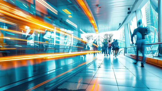 A busy city street with people walking, and a train passing in the background.