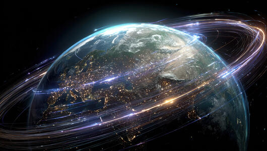 Glowing earth surrounded by digital network streams.