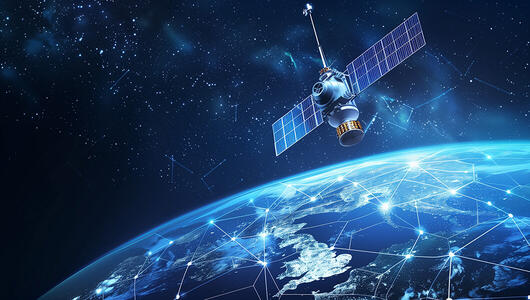 Satellite in space orbiting a glowing blue globe, representing Non-Terrestrial Networks (NTNs) for wireless communication.