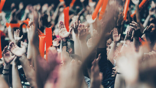 Large crowd in a stadium cheering for their team with their hands raised and clapping.