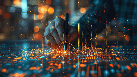 Businessman analyzing complex data on virtual screen with AI.