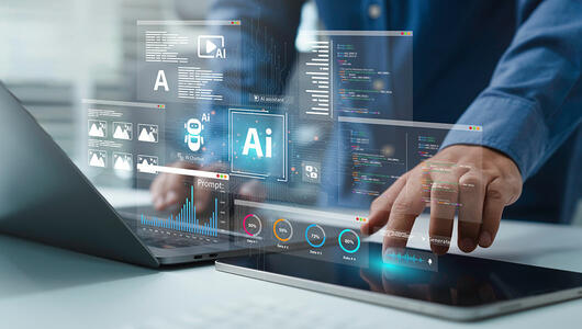 Man using a laptop with an AI assistant dashboard, visualizing data analysis, smart AI agents, and agentic workflows for research and planning.