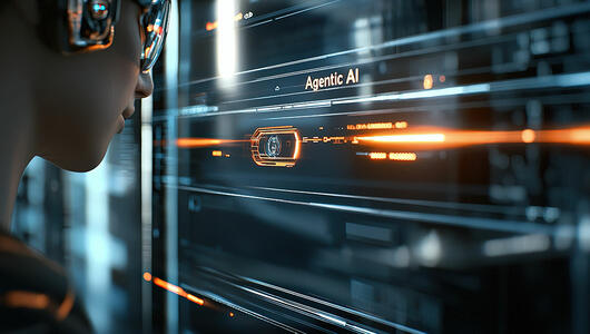 Businesswoman analyzing data with agentic AI assistant technology