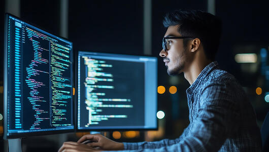Man viewing data visualization on screen showing how VistaOne handles complex data across network and CX channels