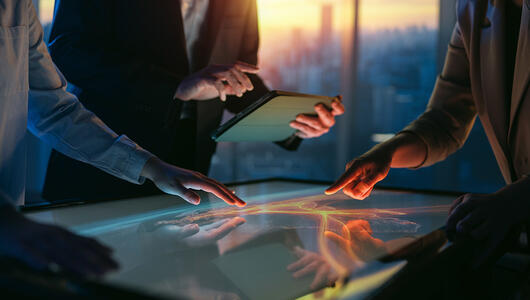 Team collaborating at a large monitor displaying VistaOne orchestration platform integrating with existing technology investments.