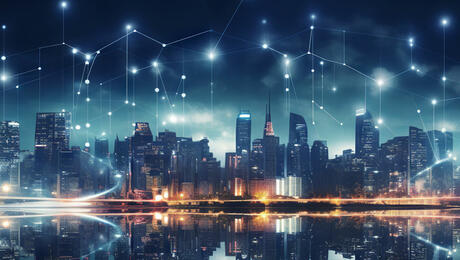 Global media link connecting on digital night city background, representing 5G communication