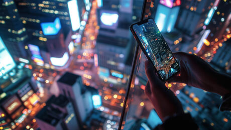 Person taking a photo of a cityscape at night from a high vantage point, with glowing city lights and buildings visible below