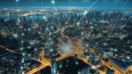 Bangkok city overview with abstract technology network