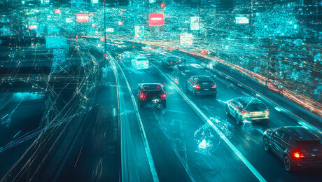 View of a dense urban cityscape with heavy traffic .The scene is overlaid with abstract lines, nodes, and futuristic graphics representing data, connectivity, and drive testing technology