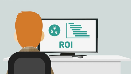 Illustration of a person in an office setting viewing a computer screen displaying a return on investment (ROI) graph