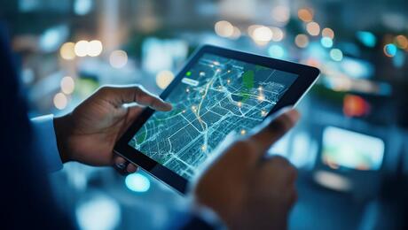 AI-powered network performance and automation concept illustrated by digital map on tablet.