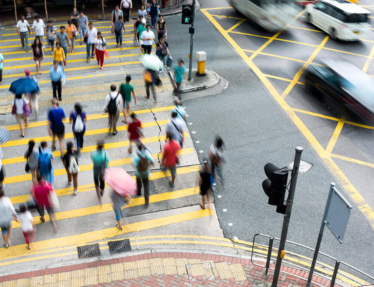 Overview of busy pedestrian street