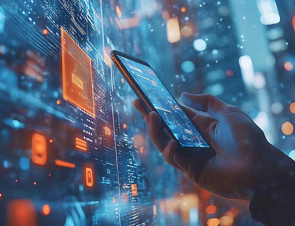 Generative AI concept showing man with mobile device in smart city, overlaid with big data and network visuals—smarter testing, faster insights, less effort.