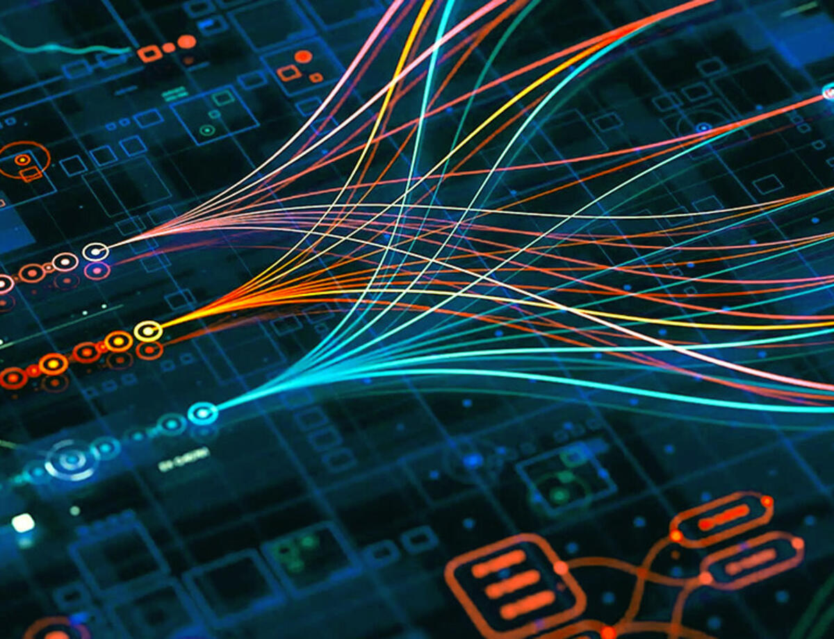 Abstract 3D rendering of glowing multicolored data streams, flowing across a dark background, evoking big-data networks and AI-driven neural analytics.