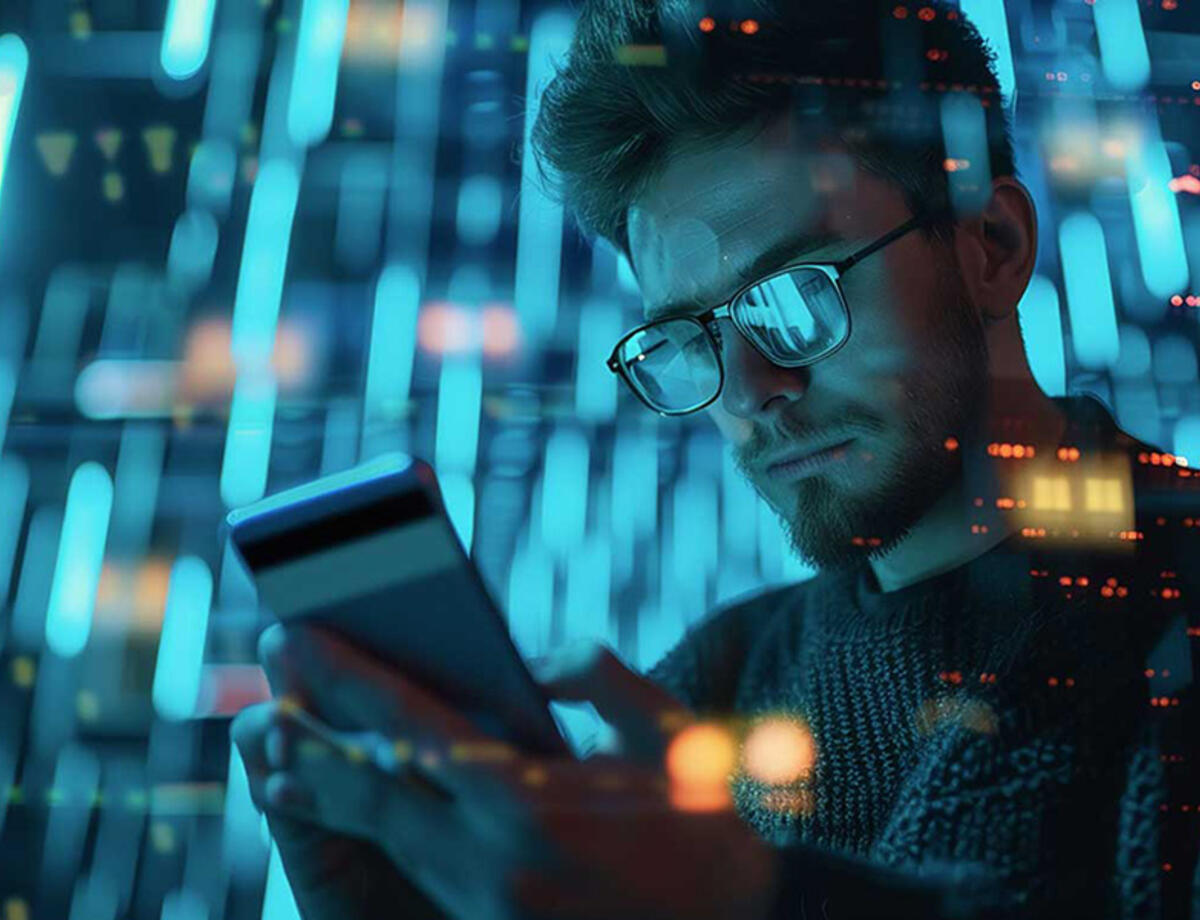 Mobile network testing concept illustrated by business professional using smartphone.