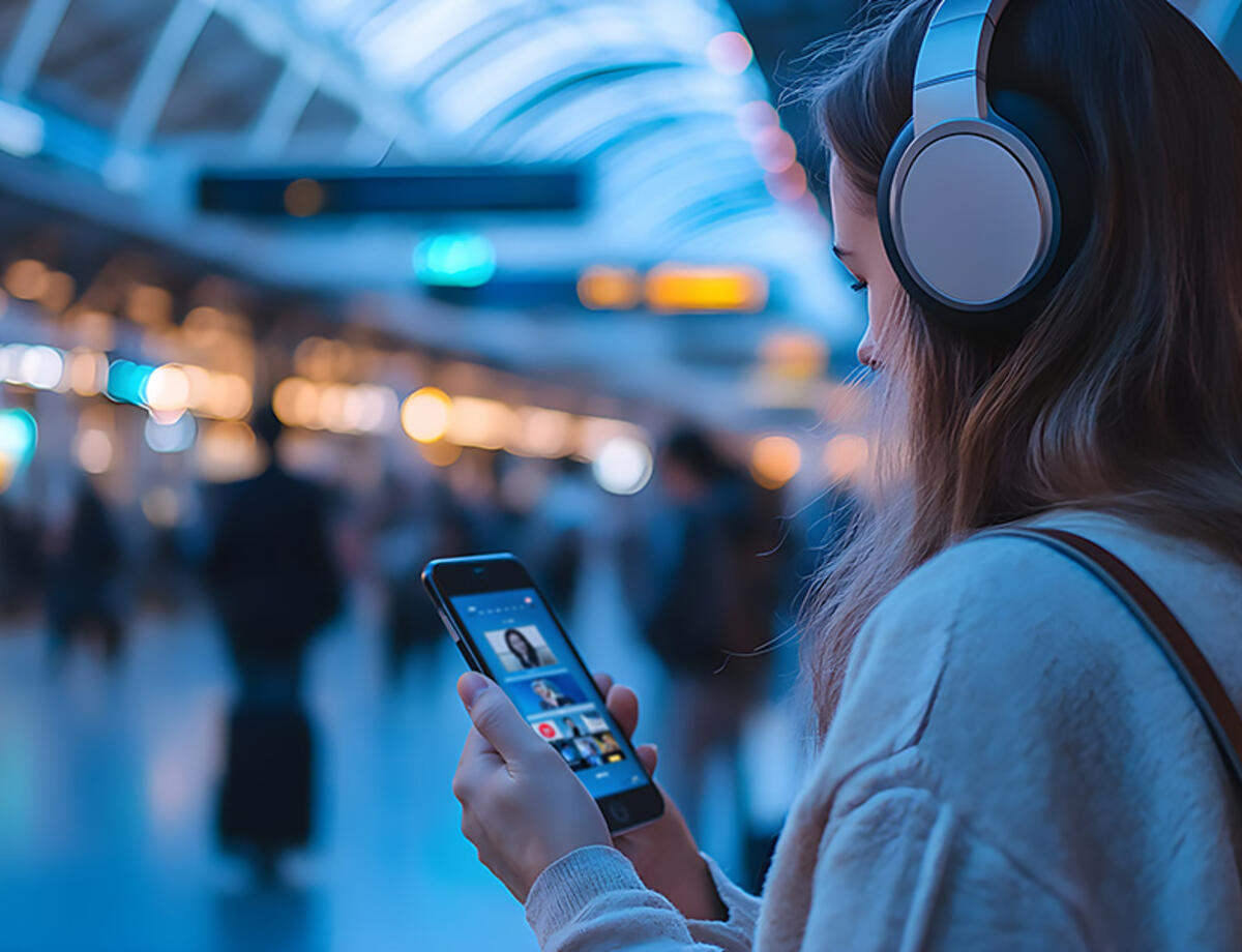 Woman listening to music on headphones while using smartphone in train station