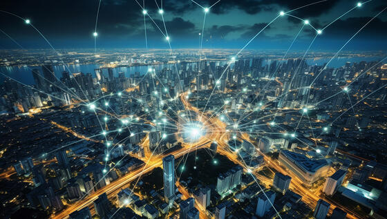 Bangkok city overview with abstract technology network