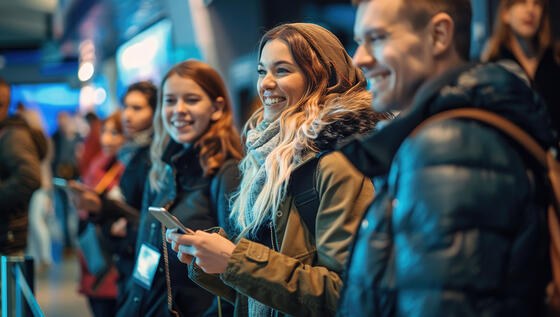 Smiling young woman holding a mobile phone while standing in a queue with friends