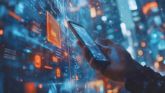 Generative AI concept showing man with mobile device in smart city, overlaid with big data and network visuals—smarter testing, faster insights, less effort.