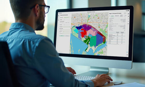 Man in office viewing a Planet Cloud report on a computer monitor—co-developed with Google Cloud for 4G and 5G network planning and optimization.